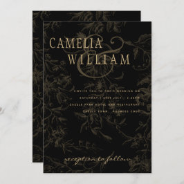 Convites Tema de Casamento Preto Vintage Dourado Damask
