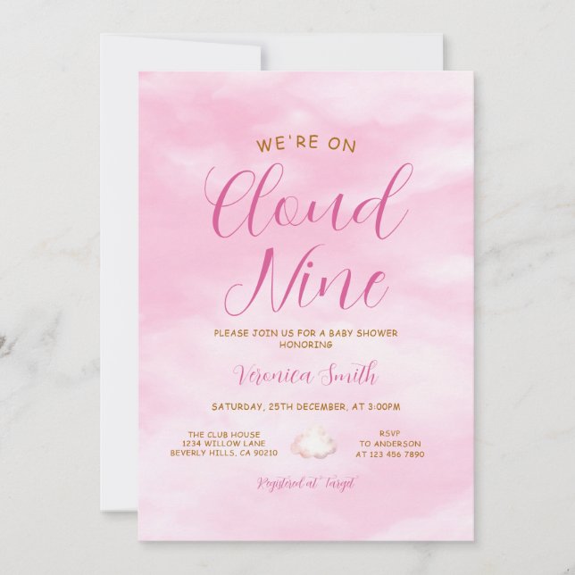 Convites Tema de Chá de Bebê Nuvem Nove Rosa Elegante (Frente)