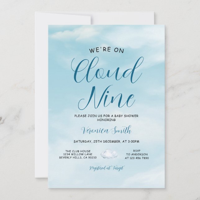 Convites Tema de Chuvada de Bebê Nove Nuvens Céu Azul Elega (Frente)