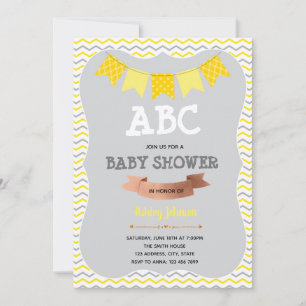 Convites Tema de chuveiro ABC cinza e amarelo