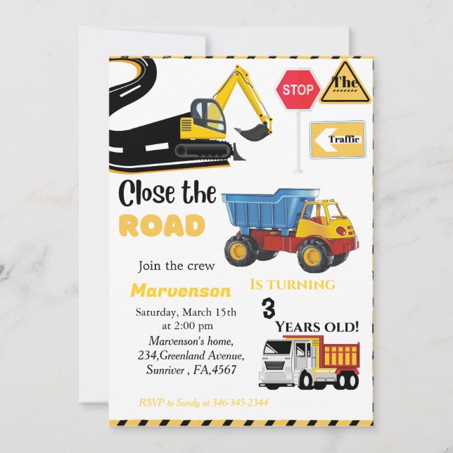 Convites Tema de Construção - Carro de Festa de aniversário (Frente)