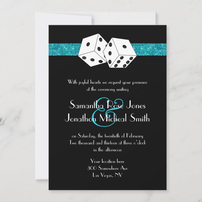 Convites Tema de Dice de Casamento de Las Vegas Teal Blu Fa (Frente)