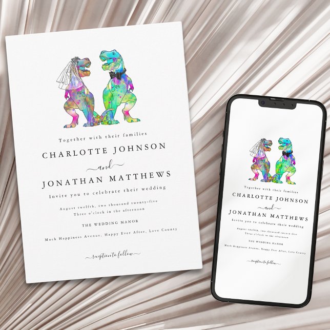 Convites Tema de Dinossauro Colorido (Colorful dinosaur theme wedding invitation with stylish Minimlist typography)