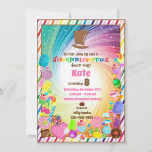 Convites Tema de doces, chocolate, bilhete de ouro, arco-ír