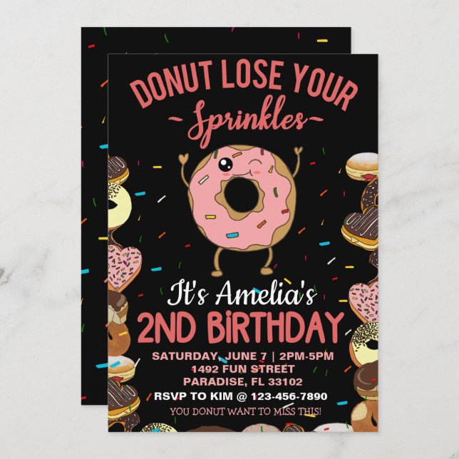 Convites Tema de Donut de Aniversário de 2 Anos Dois Anos d (Frente/Verso)