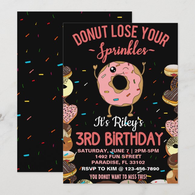 Convites Tema de Donut para 3º Aniversário Citação Divertid (Frente/Verso)