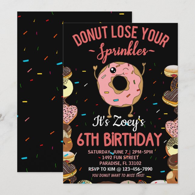 Convites Tema de Donut para Aniversário de 6 anos Citação D (Frente/Verso)