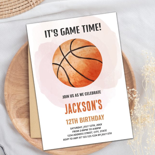 Convites Tema de Esporte Artístico para Crianças (Watercolor Basketball Birthday Invitations)