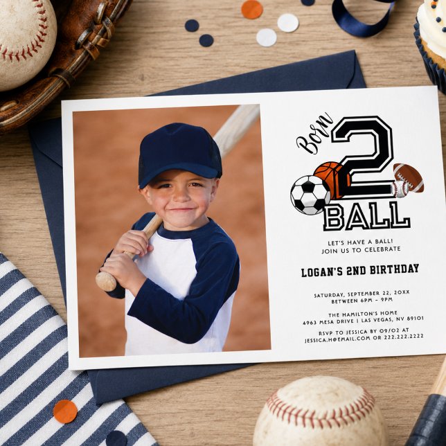 Convites Tema de esportes Born 2 Ball Festa de 2º aniversár (Born 2 Ball Sports Theme Boy’s 2nd Birthday Party Invitation)