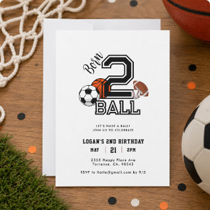 Convites Tema de esportes Born 2 Ball para festa de 2 anos