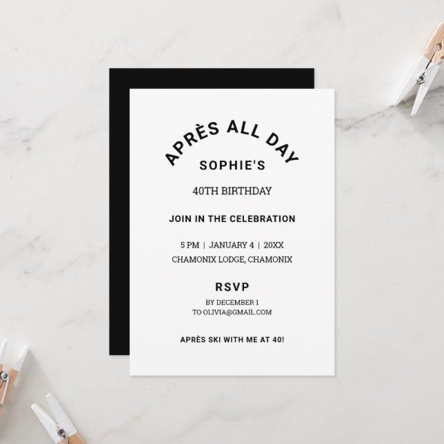 Convites Tema de Esqui do aniversário de 40 anos de Inverno (Frente/Verso In Situ)