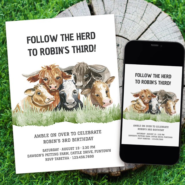 Convites Tema de fazenda Siga o aniversário de 3 anos de He (Invite your guests to amble on over with a fun farm themed "Follow the Herd" 3rd birthday invitation)