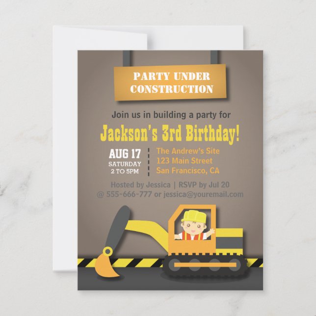 Convites Tema de festa de aniversário infantil de construçã (Frente)