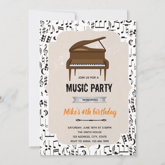 Convites Tema de festa de aniversário piano musical (Frente)