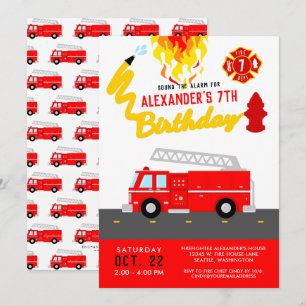 Convites Tema de Festa de Caminhão de Bombeiros Vermelho An