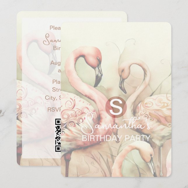 Convites Tema de Festa Flamingo, Código QR, Personalizado (Frente/Verso)