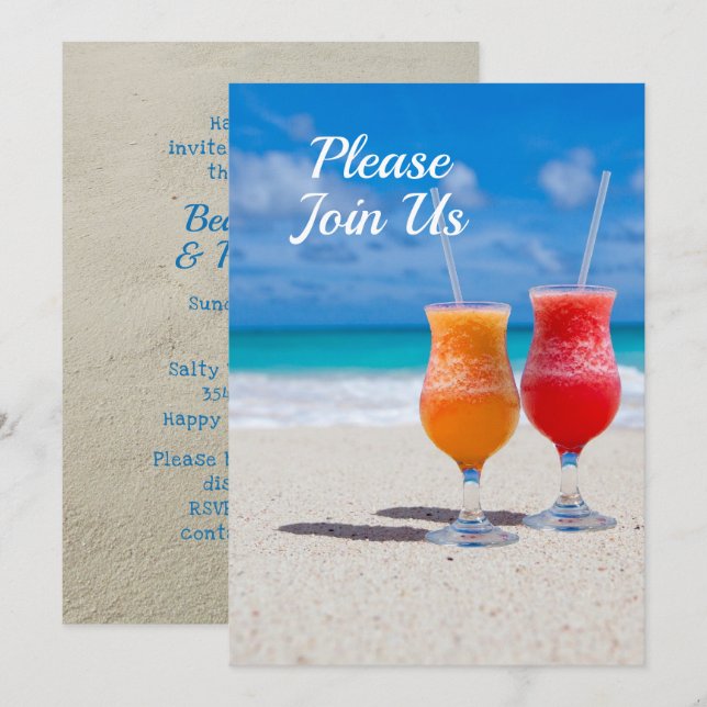 Convites Tema de Festa na Praia com Duas Bebidas (Frente/Verso)