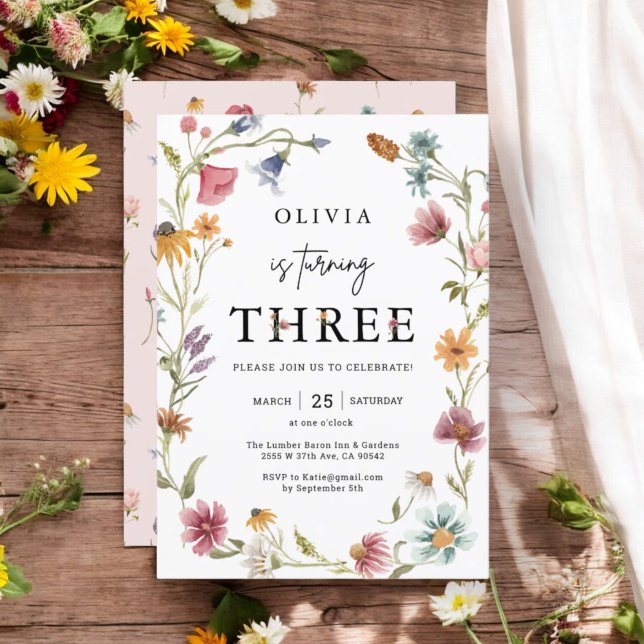 Convites Tema de Flor Selvagem aniversário de 3 anos (Criador carregado)