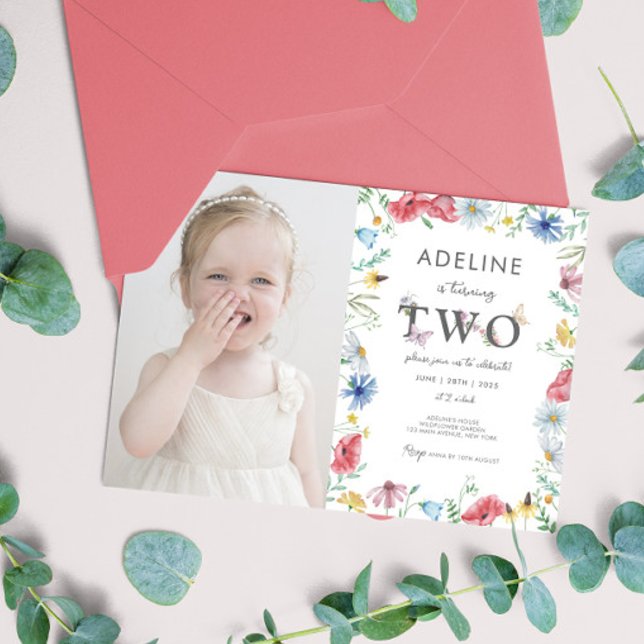 Convites Tema de Flor Selvagem Foto segundo aniversário (2nd Birthday Wildflower Floral Invitation with photo Digital Download Cute Second Birthday Party)