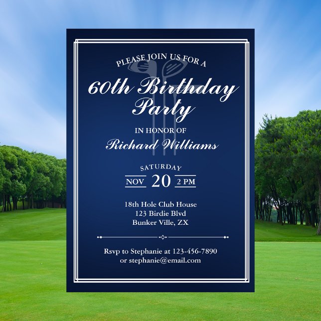 Convites Tema de Golfe Clássico Azul Branco 60º Aniversário (Criador carregado)