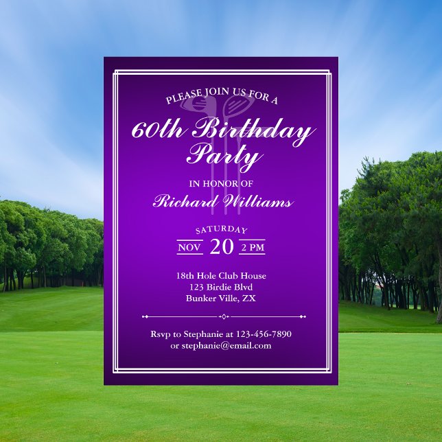 Convites Tema de Golfe Clássico Roxo Branco 60º Aniversário (Criador carregado)