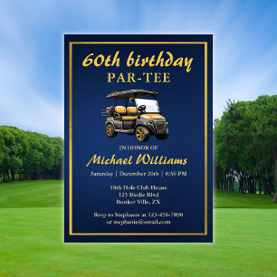 Convites Tema de Golfe Elegante Carrinho Azul Dourado 60º A
