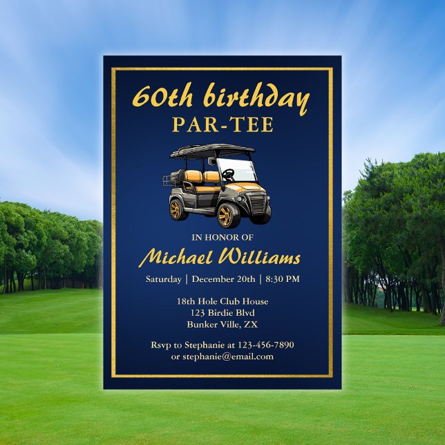 Convites Tema de Golfe Elegante Carrinho Azul Dourado 60º A (Criador carregado)
