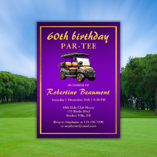 Convites Tema de Golfe Elegante Carrinho Roxo Dourado 60º A