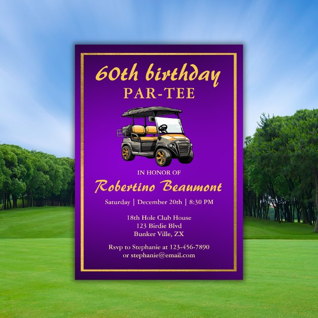 Convites Tema de Golfe Elegante Carrinho Roxo Dourado 60º A (Criador carregado)