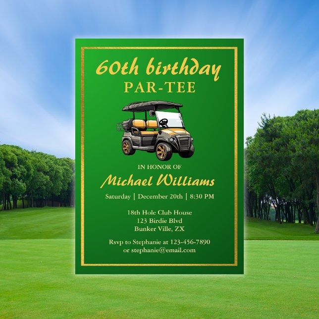 Convites Tema de Golfe Elegante Carrinho Verde Dourado 60º  (Criador carregado)