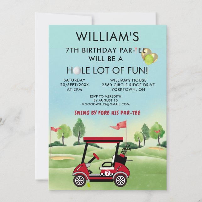 Convites Tema de Golfe para Menino 7º Aniversário Par-Tee (Frente)