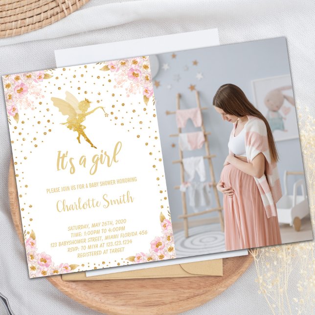 Convites Tema de Jardim Encantado para Meninas (Photo Fairy Floral Baby Shower Invitations)