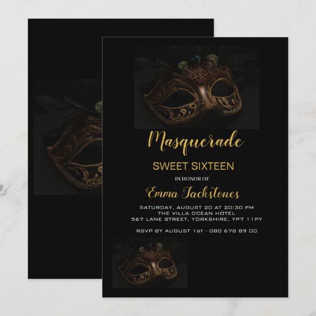Convites Tema de Máscara de Mascarada Dourada elegante 16 (Frente/Verso)
