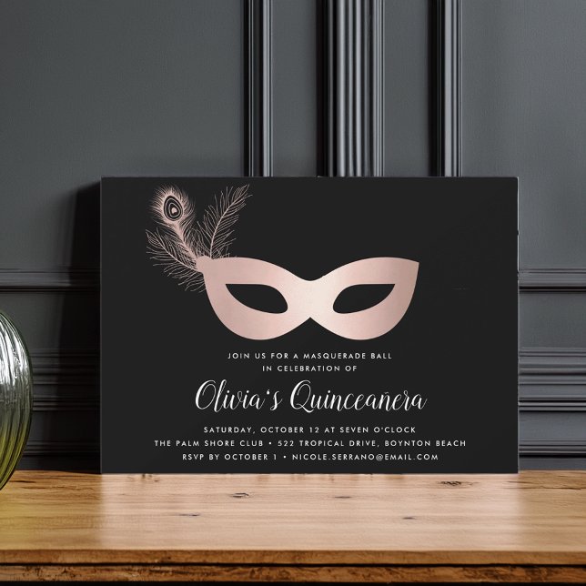 Convites Tema de Mascarada Dourada Elegante Quinceanera (Criador carregado)