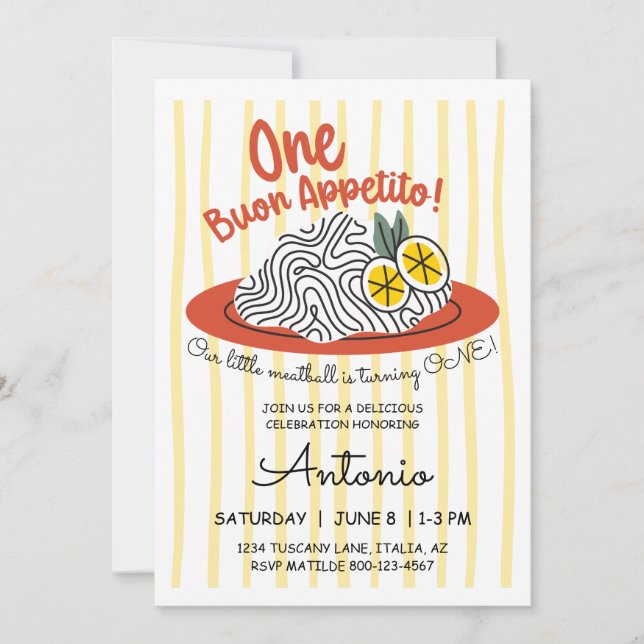 Convites Tema de Massa Italiana Comida Ciao Um 1º Aniversár (Frente)