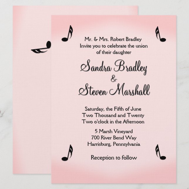 Convites Tema de Música Rosa Casamento (Frente/Verso)