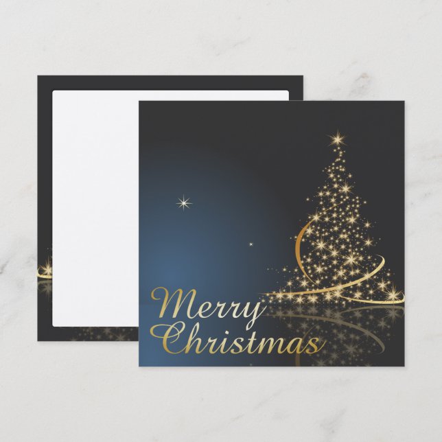 Convites Tema de Natal Azul com Árvore de Natal Dourada (Frente/Verso)