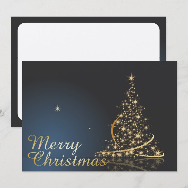 Convites Tema de Natal Azul com Árvore de Natal Dourada (Frente/Verso)
