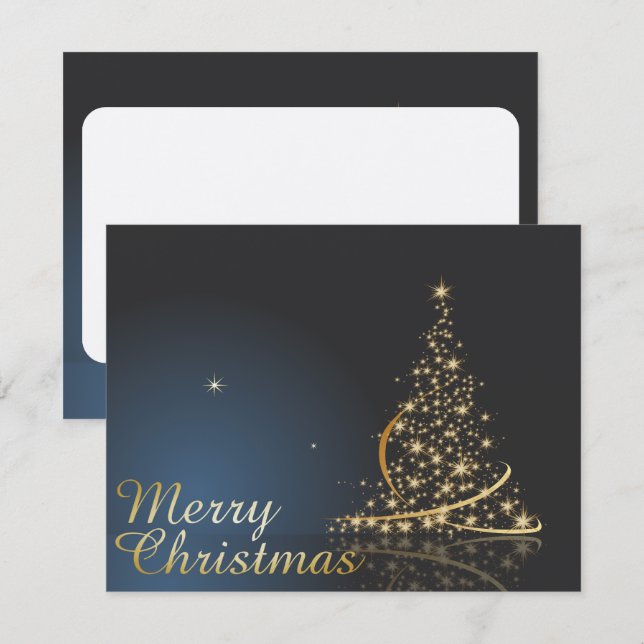 Convites Tema de Natal Azul com Árvore de Natal Dourada (Frente/Verso)