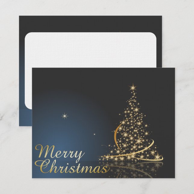 Convites Tema de Natal Azul com Árvore de Natal dourada (Frente/Verso)