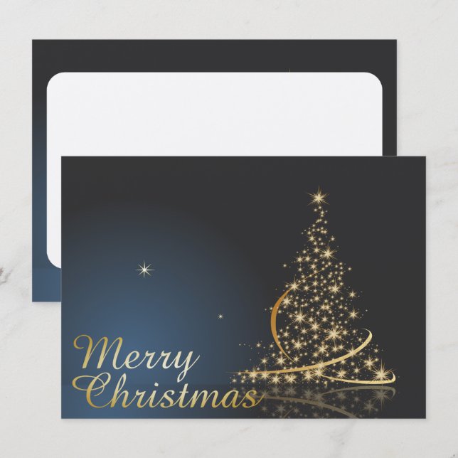 Convites Tema de Natal Azul com Árvore de Natal ouro (Frente/Verso)