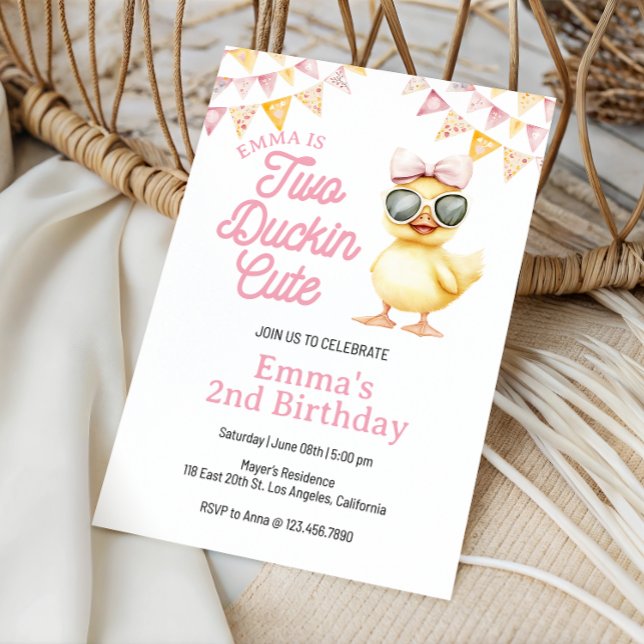 Convites Tema de Pato Amarelo Dois segundo aniversário de P (Editable Yellow Duck Birthday Invitation, Two Duckin Cute Yellow Duck 2nd Birthday Invite)