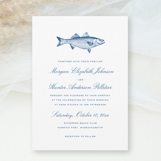 Convites Tema de Pesca de Robalo Listrado Elegante Casament (Striped Bass Fishing theme Wedding Invitation in Elegant navy blue from Concertina Press)