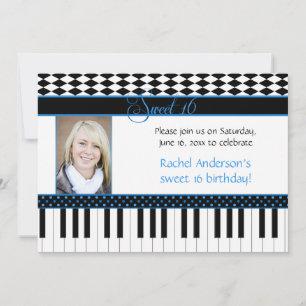 Convites Tema de Piano Preto Azul Aniversário de Sweet 16