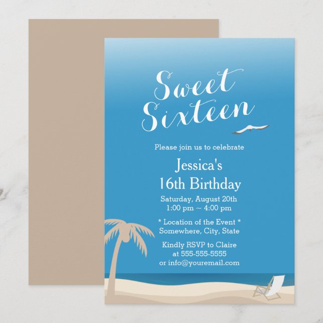 Convites Tema de Praia Tropical Blue Sky Sweet 16 (Frente/Verso)