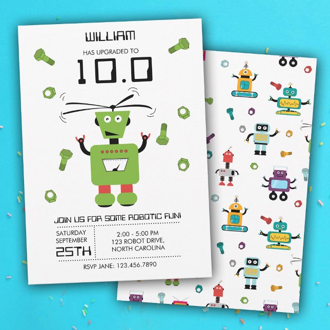 Convites Tema de Robô Verde Bonito Crianças Robôs Festa de  (Cute Green Robot Theme Kids Robots Birthday Party Invitation)