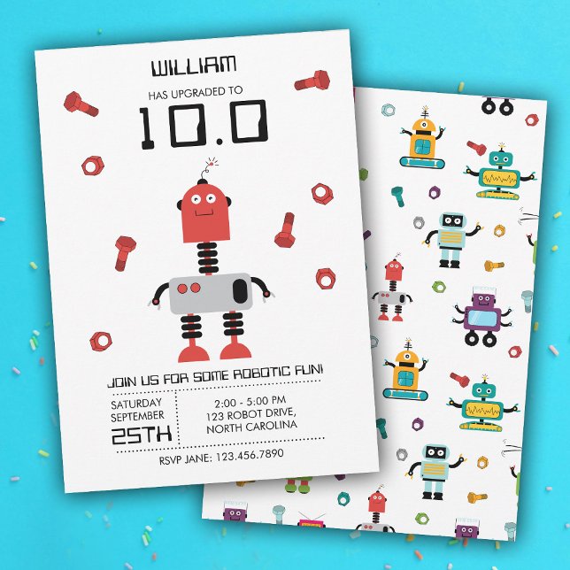 Convites Tema de Robô Vermelho Cinto Crianças Robôs Festa d (Cute Red Robot Theme Kids Robots Birthday Party Invitation)