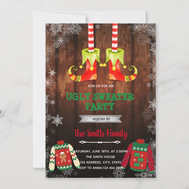 Convites tema de suéter feio de elfo de Natal (Frente)