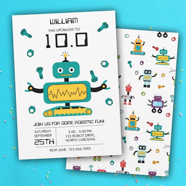 Convites Tema de Teto Bonito Crianças Robôs Festa de aniver (Cute Teal Robot Theme Kids Robots Birthday Party Invitation)
