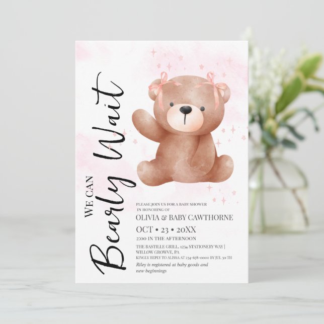 Convites Tema de Urso Fofo Chuveiro de Bebê Menina  (Em pé/Frente)